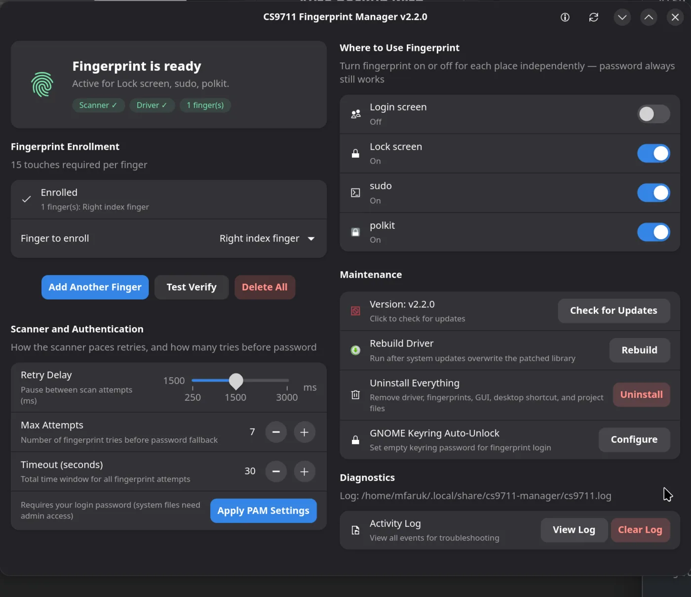 The CS9711 Fingerprint Manager v2.2.1 window, laid out as two columns: status and enrolment on the left, authentication locations and maintenance on the right